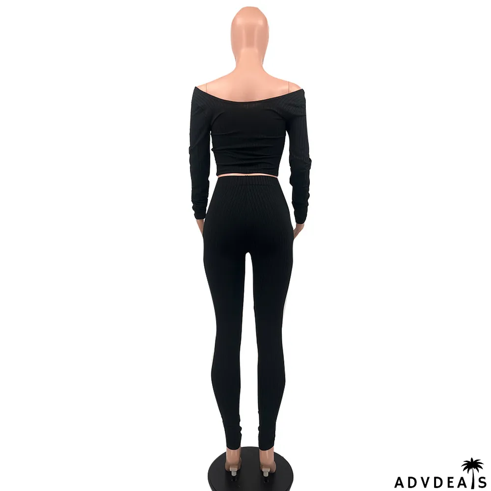 Women's Solid Color Sexy Ribbed V-Neck Two Piece Set