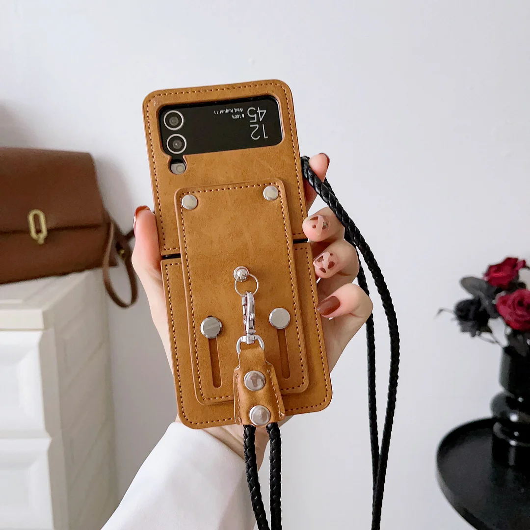 Crossbody Rivet Retro Leather Phone Case With Lanyard Wristband And Kickstand For Galaxy Z Flip3/Z Flip4