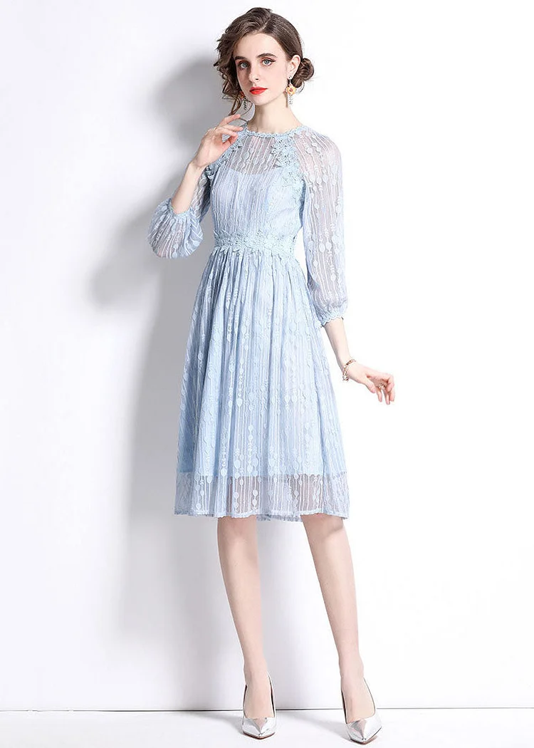 Women Sky Blue Embroideried Wrinkled Patchwork Lace Mid Dress Summer