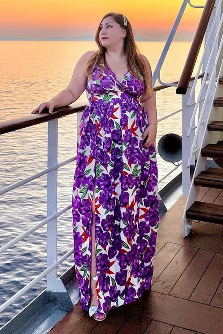 Plus Size Vacation Lavender Print Floral V Neck Halter Cross Backless Split Maxi Dress