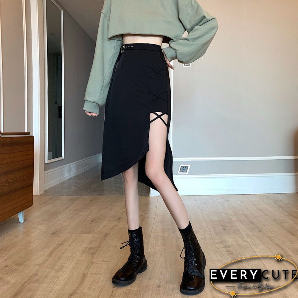 Vintage Irregular Gothic Skirt Women Summer High Waist Belt Harajuku Midi Skirt Casual Korean Elegant A-line Y2k Skirt New