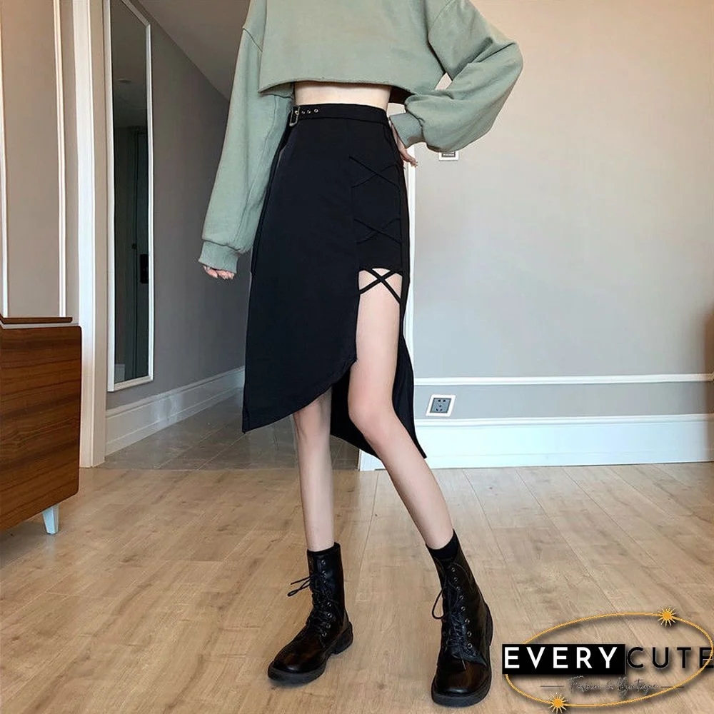 Vintage Irregular Gothic Skirt Women Summer High Waist Belt Harajuku Midi Skirt Casual Korean Elegant A-line Y2k Skirt New