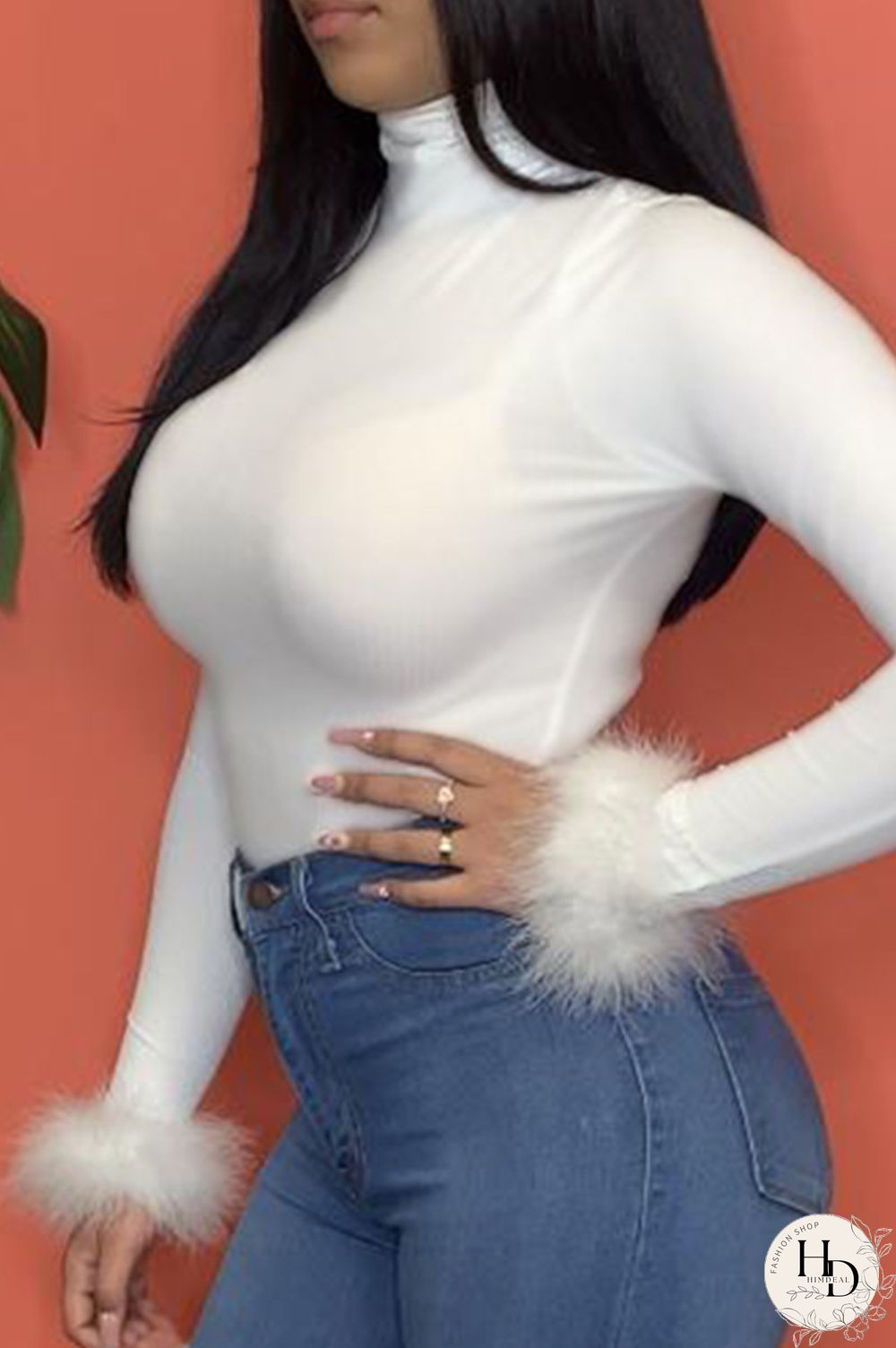 White Fashion Casual Solid Split Joint Turtleneck Tops