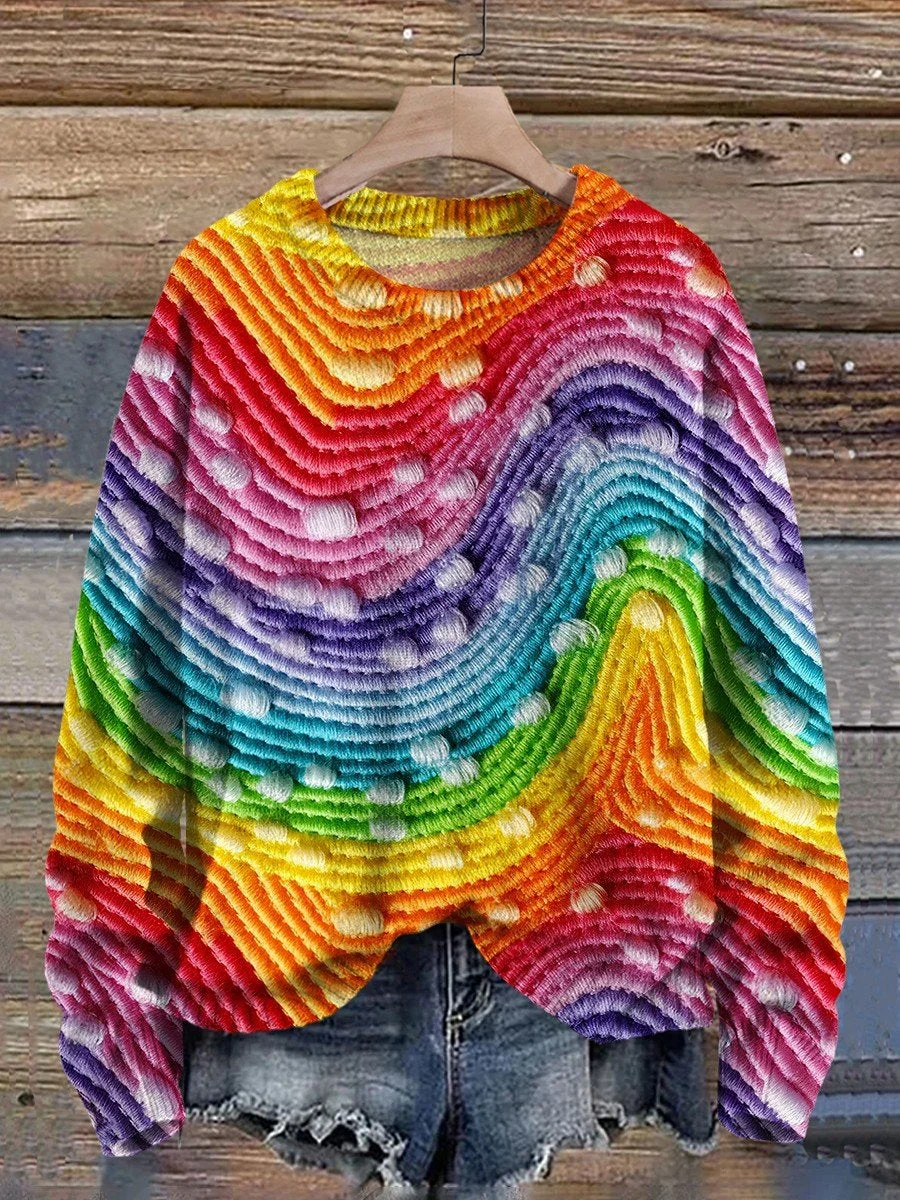 Rainbow Christmas Print Knit Pullover Sweater