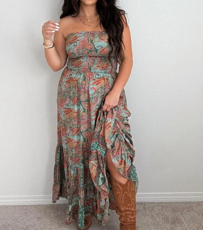 Boho Strapless Open Back Maxi Dress(ONE SIZE)