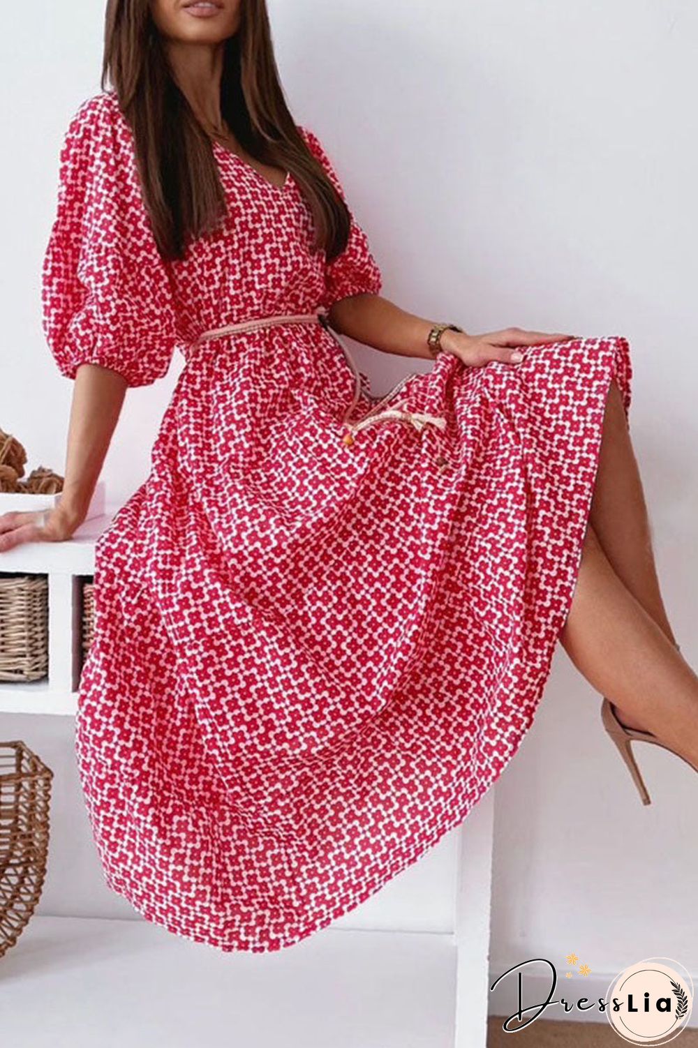 Fashion Street Print Split Joint V Neck A Line Dresses