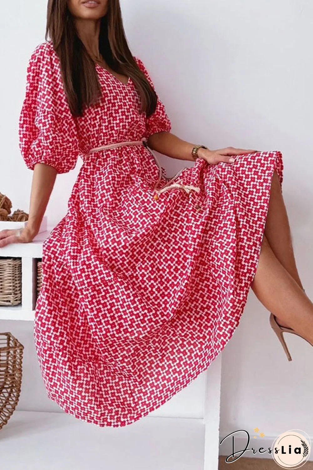 Fashion Street Print Split Joint V Neck A Line Dresses