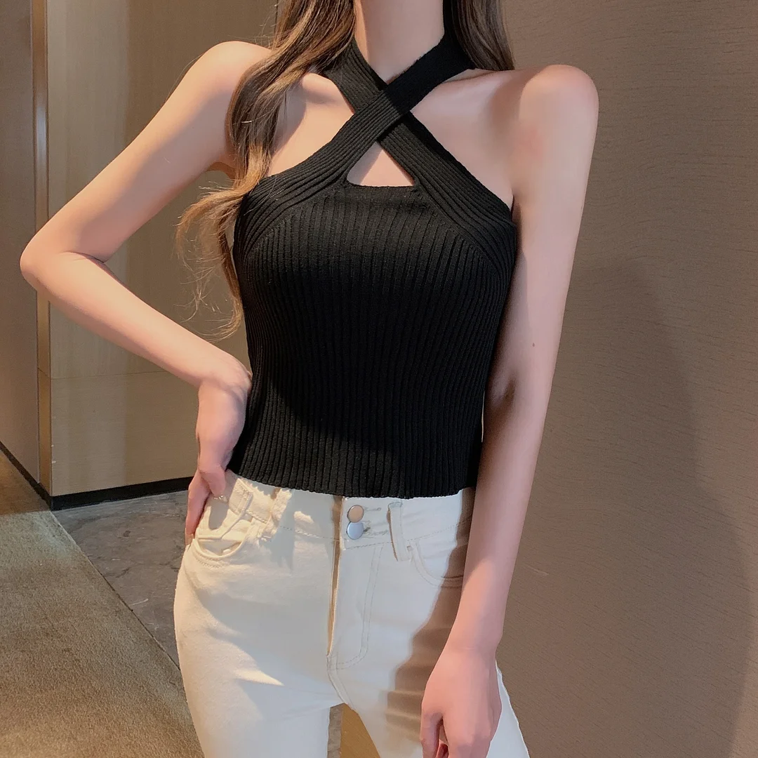 Uveng Uveng Summer New Small Sexy Black Thin Hanging Neck Cross Knitting Umbilization Sling Bottom Vest Woman