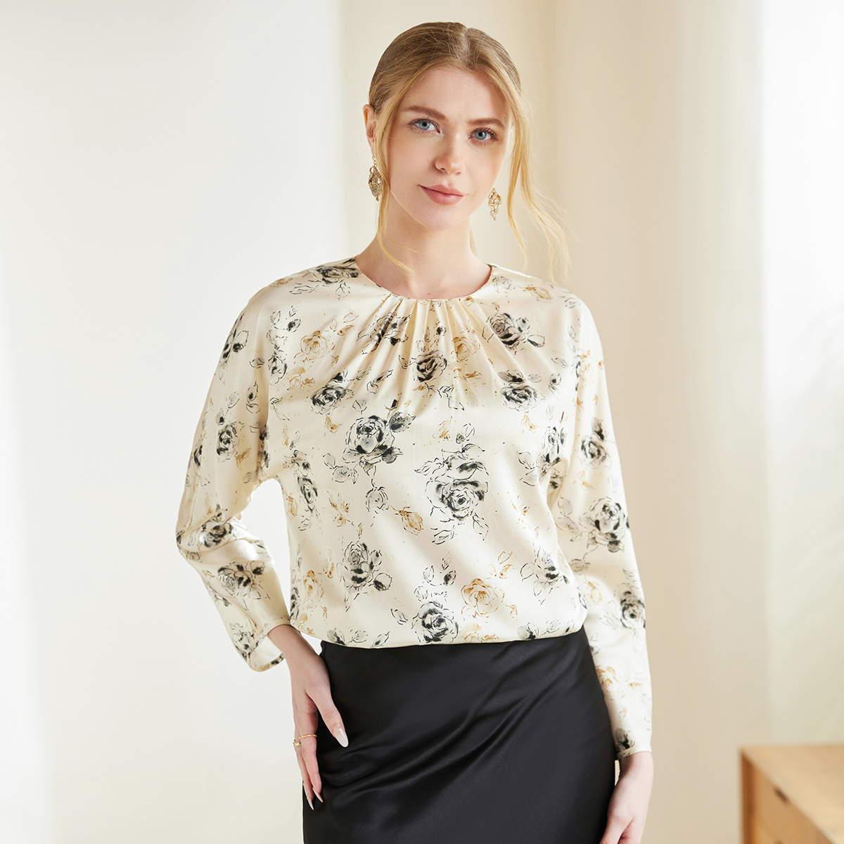 Beige Silk Top Pleated Office Style REAL SILK LIFE