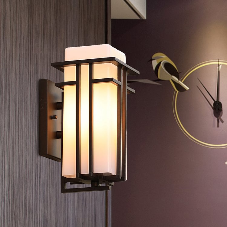 White Glass Cuboid Wall Sconce Country 1 Head Outdoor Wall Mount Light with Matte Black Metal Frame