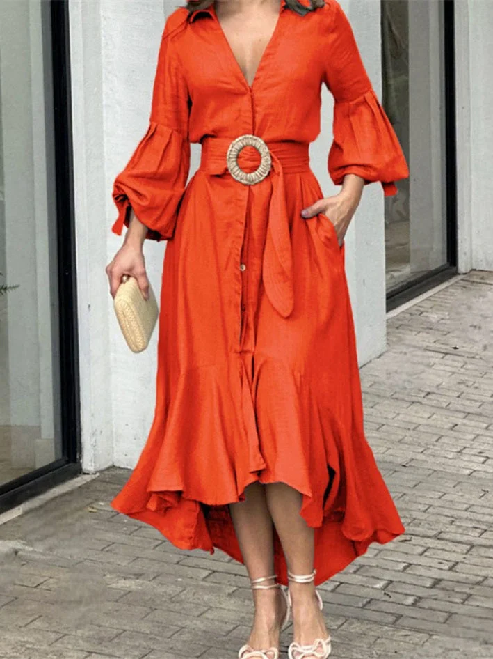 Style & Comfort for Mature Women Women's Long Sleeve V-neck Solid Color Lace-up Midi Dress