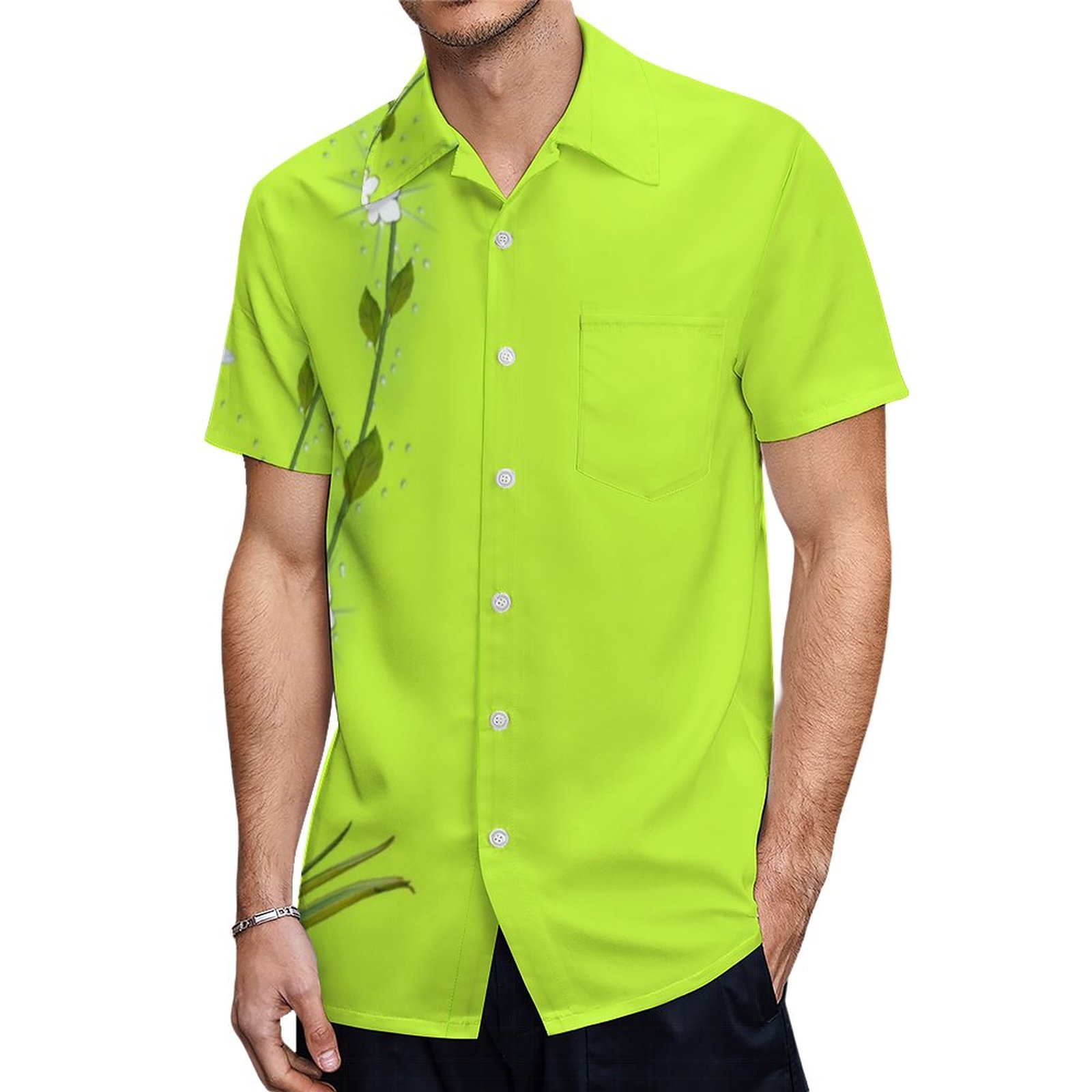 Lime Green With Vining Flower On One Leg Hawaiian Shirt Mens Button Down Plus Size Tropical Hawaii Beach Shirts