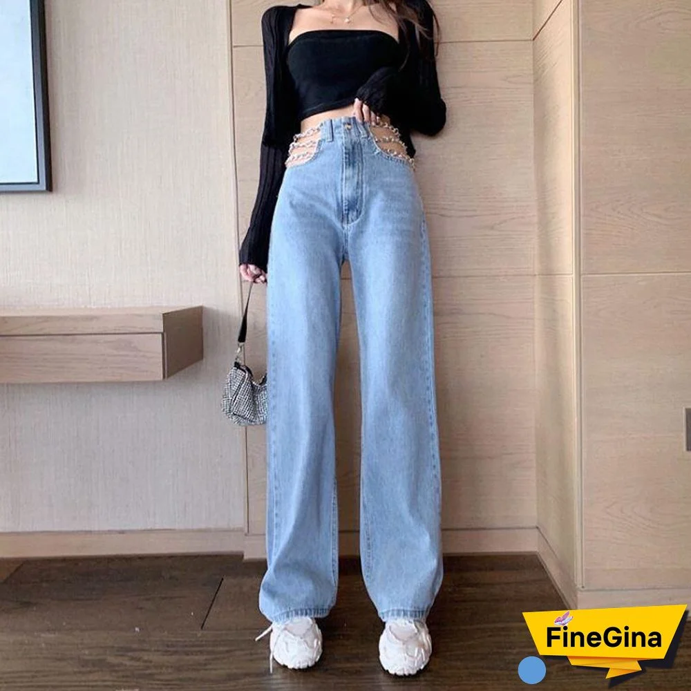 Sexy Hollow Out Chain Streetwear Jeans For Women Summer High Waist Loose Harajuku Straight Denim Pants Fashion Korean Y2K Jeans