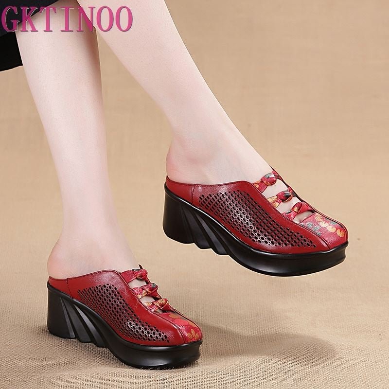 GKTINOO 2021 Fashion Cut-outs Women Shoes Slippers Summer Closed Toe Wedge Sandals Genuine Leather Lady Slides Shoes Woman