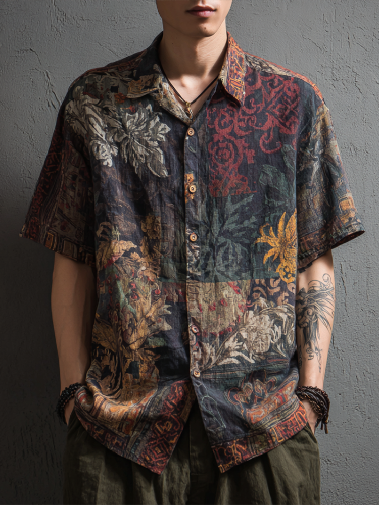 Comstylish Men's Bohemian Plant Flower Pattern Retro Cotton And Linen Shirt