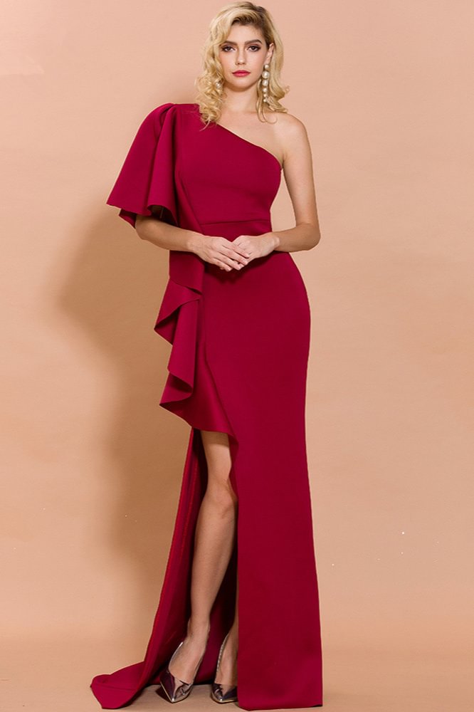 Elegant One Shoulder Long Prom Dress Split With Ruffles - lulusllly