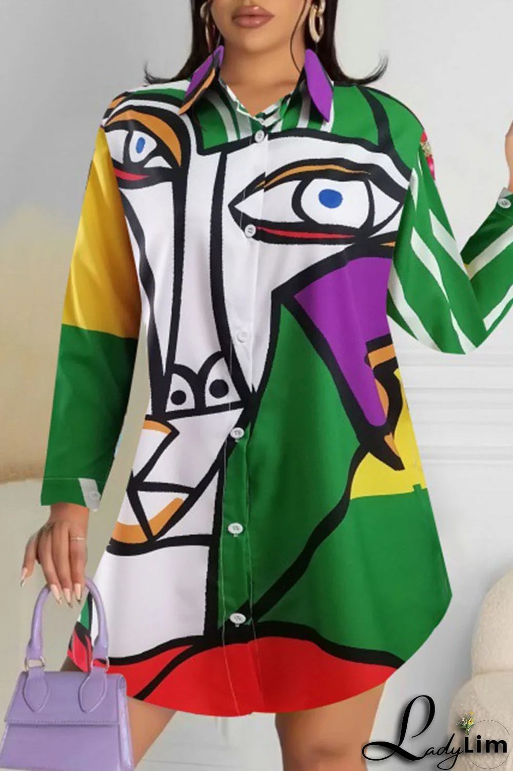 Purple Green Casual Street Print Patchwork Buckle Turndown Collar Tops