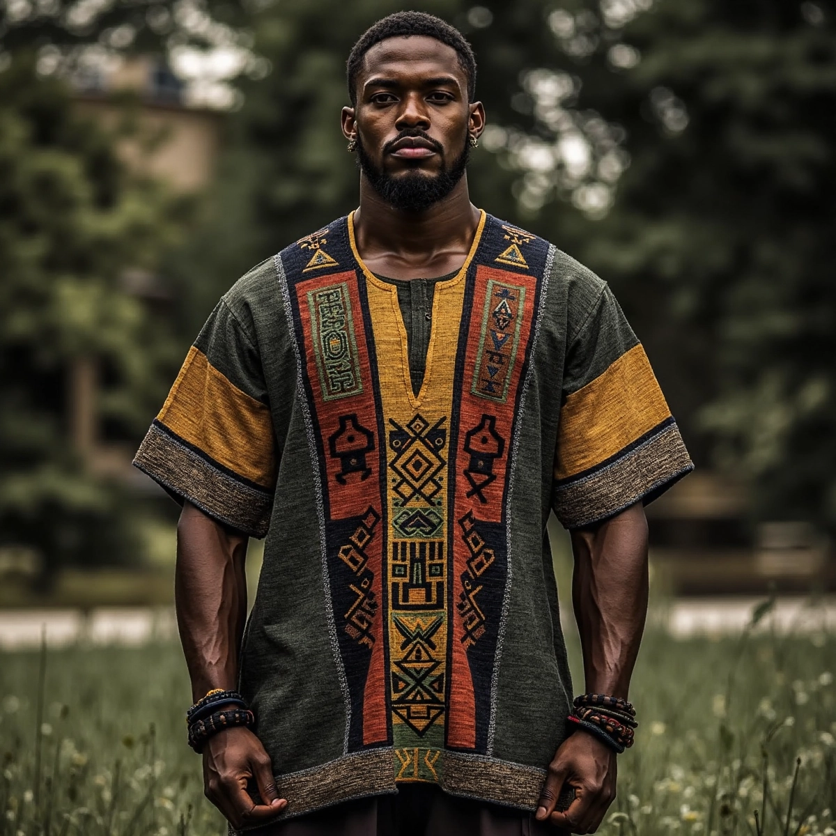 Men's Tribal Geometric Juneteenth Black Pride Art Print Linen T-shirt