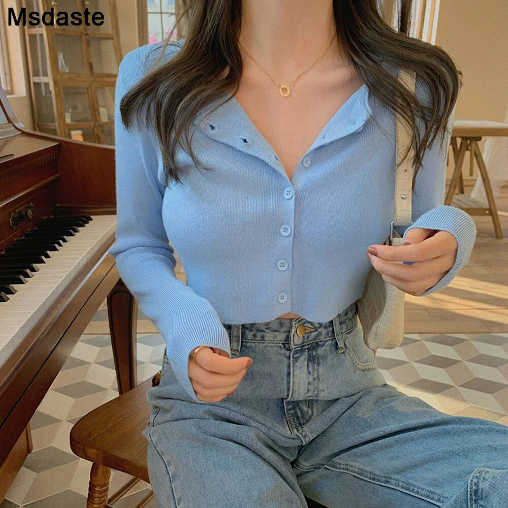 Cropped Cardigans Women Knitted Crop Sweater Top Casual Short Cardigan Female Korean Style Black Cute Knit Sweaters Vintage Tops