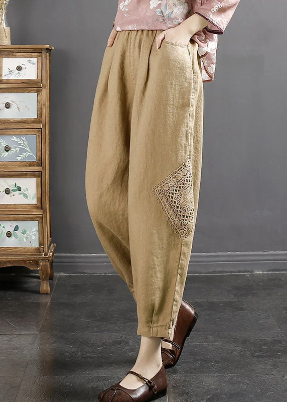 Plus Size Khaki Embroideried Floral Linen Crop Pants Summer