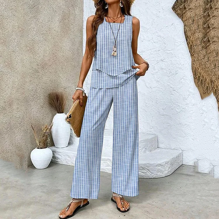 Utbros Stripe Sleeveless Double Layer Tank Pants Two Piece Set