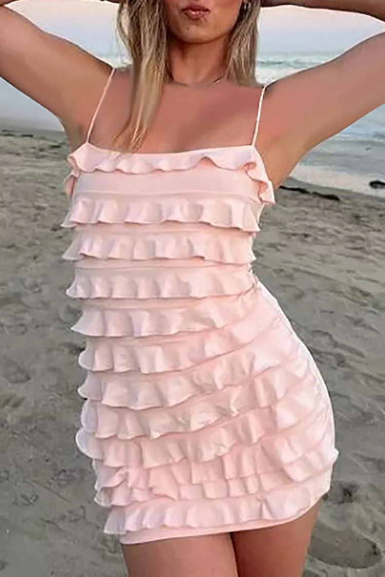 Tiered Ruffle Slim Fit Strappy Mini Dresses-Pink