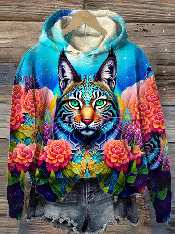 Women's Warrior Cat Print Loose Hooded Sweatshirt socialshop