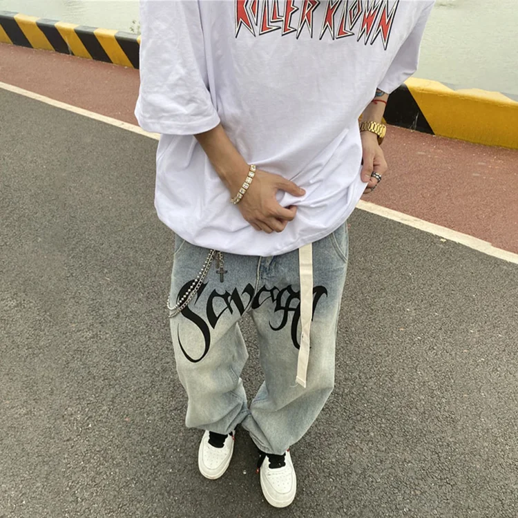 Street Retro Letter Print Jeans