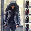 Men's Thick Leather Motorcycle Fur Hood Jacket Coat