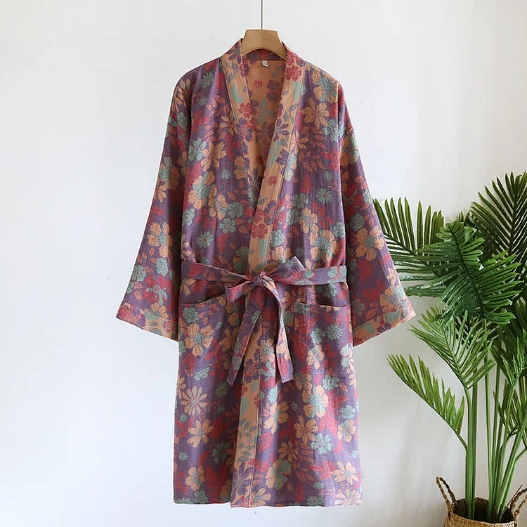 Cotton Gauze Jacquard Floral Retro Bathrobe Radinnoo.com
