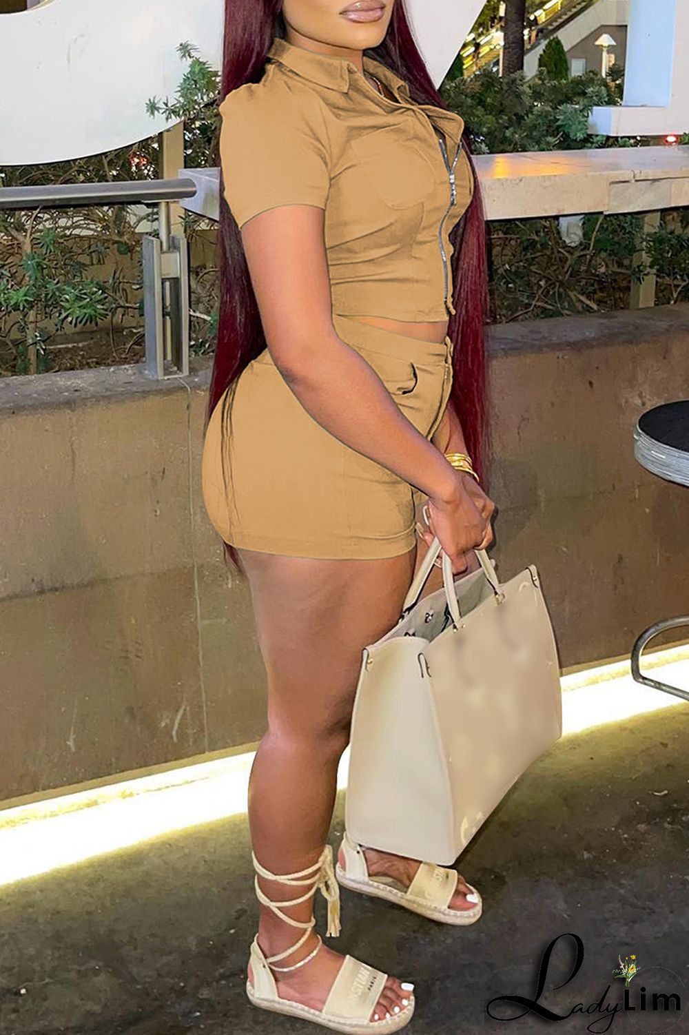 Khaki Fashion Casual Solid Basic Zipper Collar Short Sleeve Two Pieces