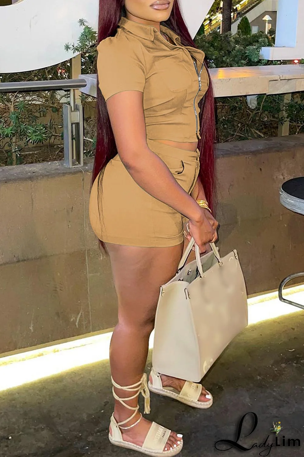 Khaki Fashion Casual Solid Basic Zipper Collar Short Sleeve Two Pieces