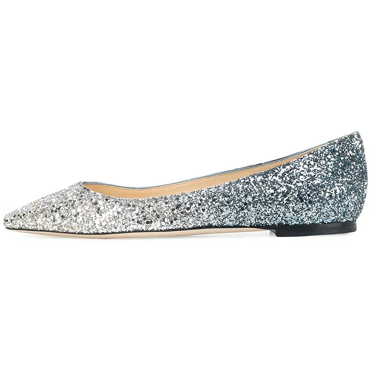Blue & Silver Glitter Pointed Toe Flat Shoes for Women |FSJ Shoes