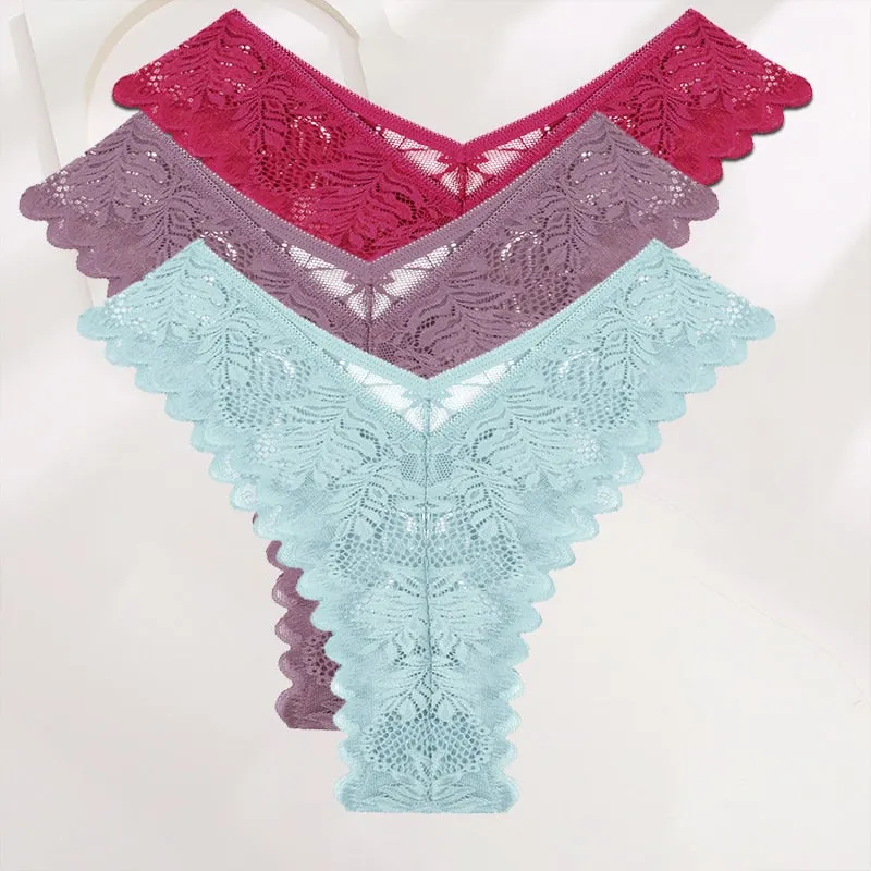FINETOO 3PCS/Set Lace Gstring Panties Women Sexy M-XL Girls Thongs Perspective Temptation New Pantys Underwear Female Intimates