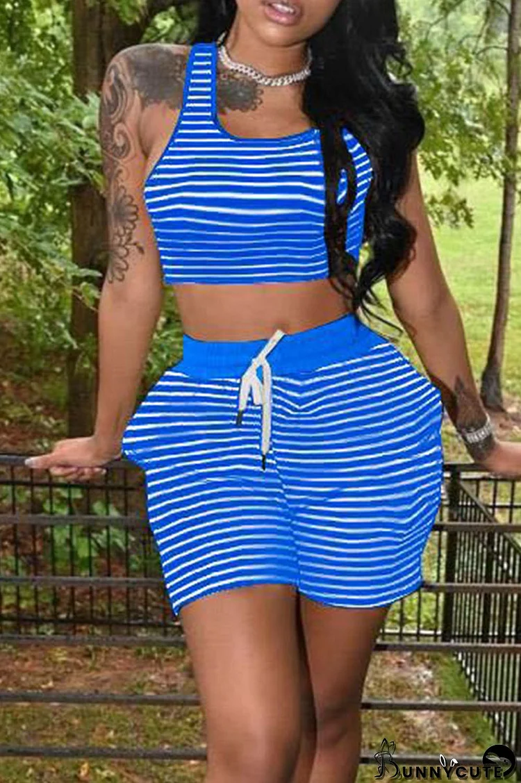 Blue Casual Striped Print Split Joint U Neck Sleeveless Two Pieces