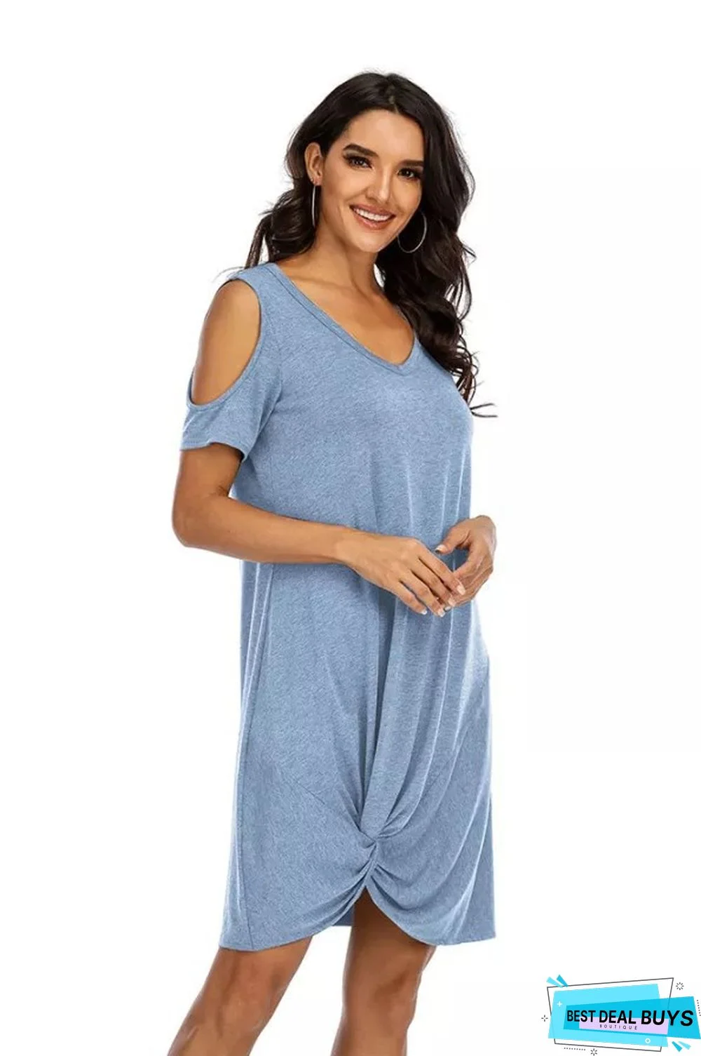 Loose Solid Color Short Sleeve V-Neck T-Shirt Dress White Dresses