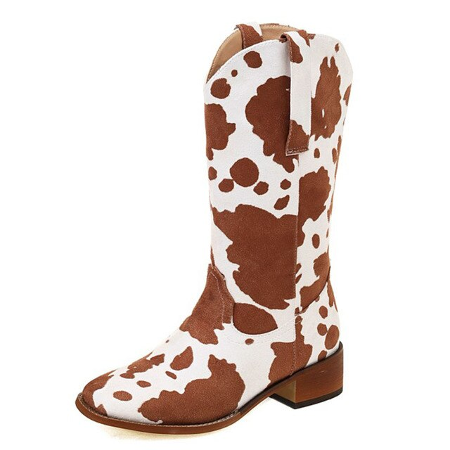 Women Mid Calf Cowboy Boots Chunky Heel Half Boots Cow Print Western Boots