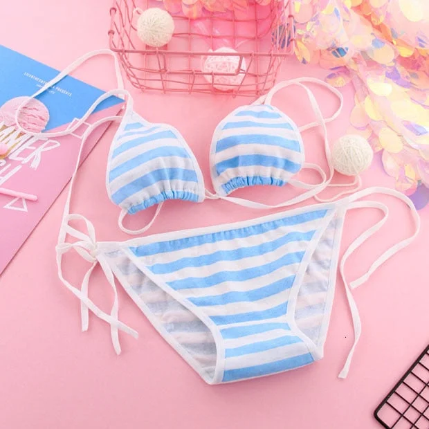 OJBK 2PCS Women Cute Sexy Lingerie Underwear Kawaii Blue Pink Striped Triangle Bikini Set Japanese Cosplay Micro Bra Panty Set