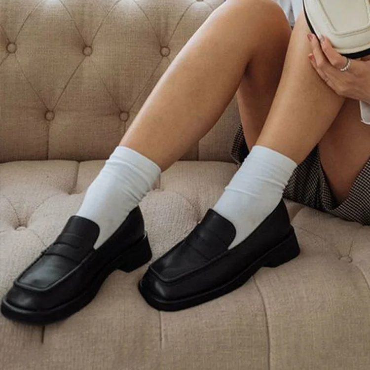 Classic Black Vintage Shoes Square Toe Chunky Penny Loafers for Women |FSJ Shoes