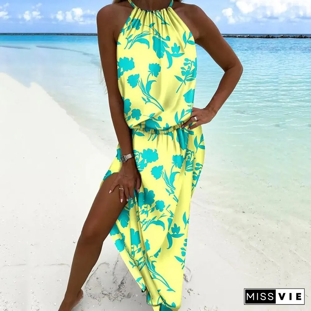 Sexy Halter Neck Off Shoulder Long Beach Dress Ladies Summer Fashion Boho Print Women