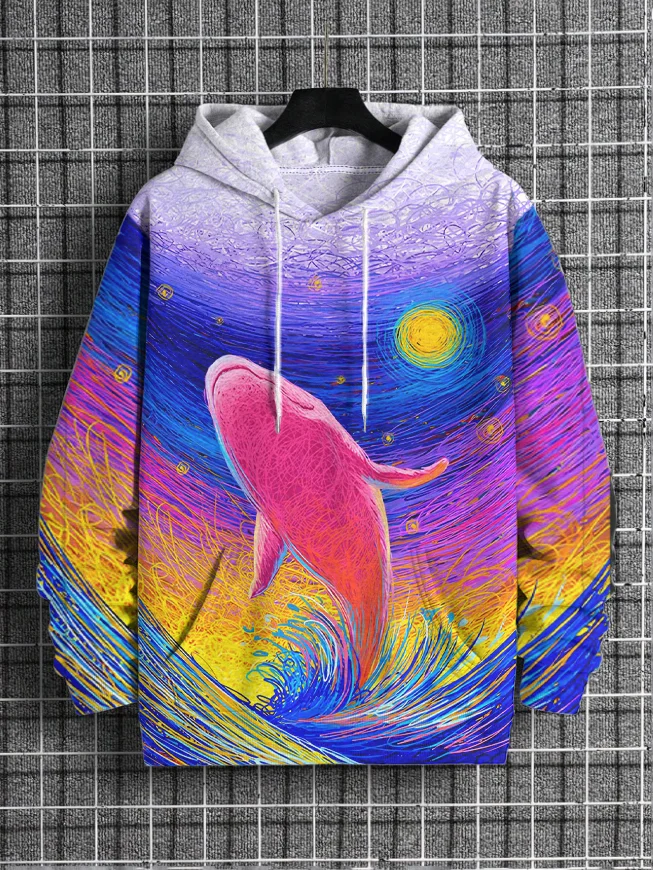 Men's Whale Line Art Print Casual Hoodie