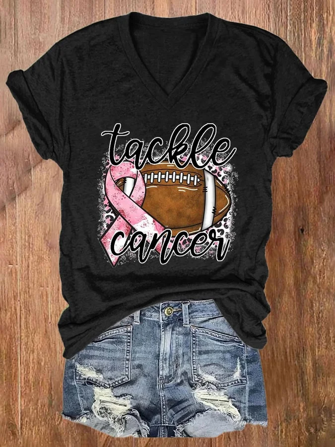 V-neck Breast Cancer Awareness Tackle Cancer Football Print T-Shirt socialshop