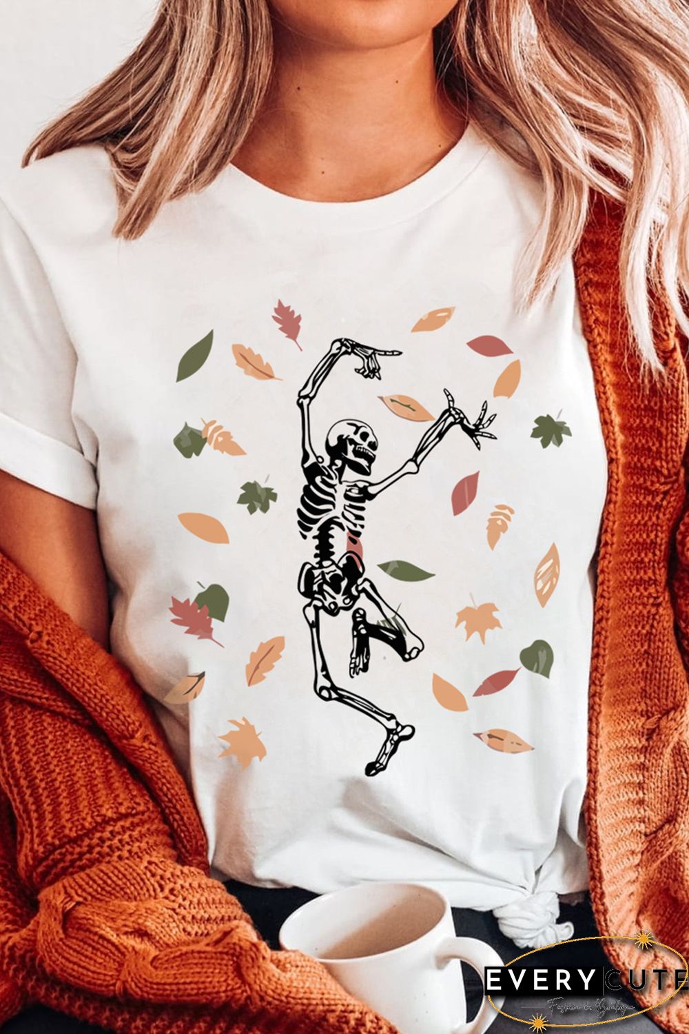 White Skeleton Leaves Graphic Print Short Sleeve T Shirt