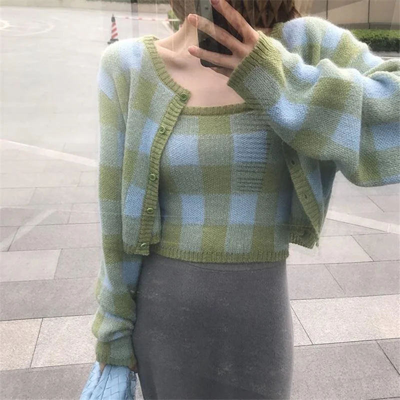 (2Pcs/set ) Korean Fashion Plaid Knitted Cardigan + Checkered Vest Two-piece Set Blusa De Frio Feminina Sueters De Mujer 1113-1