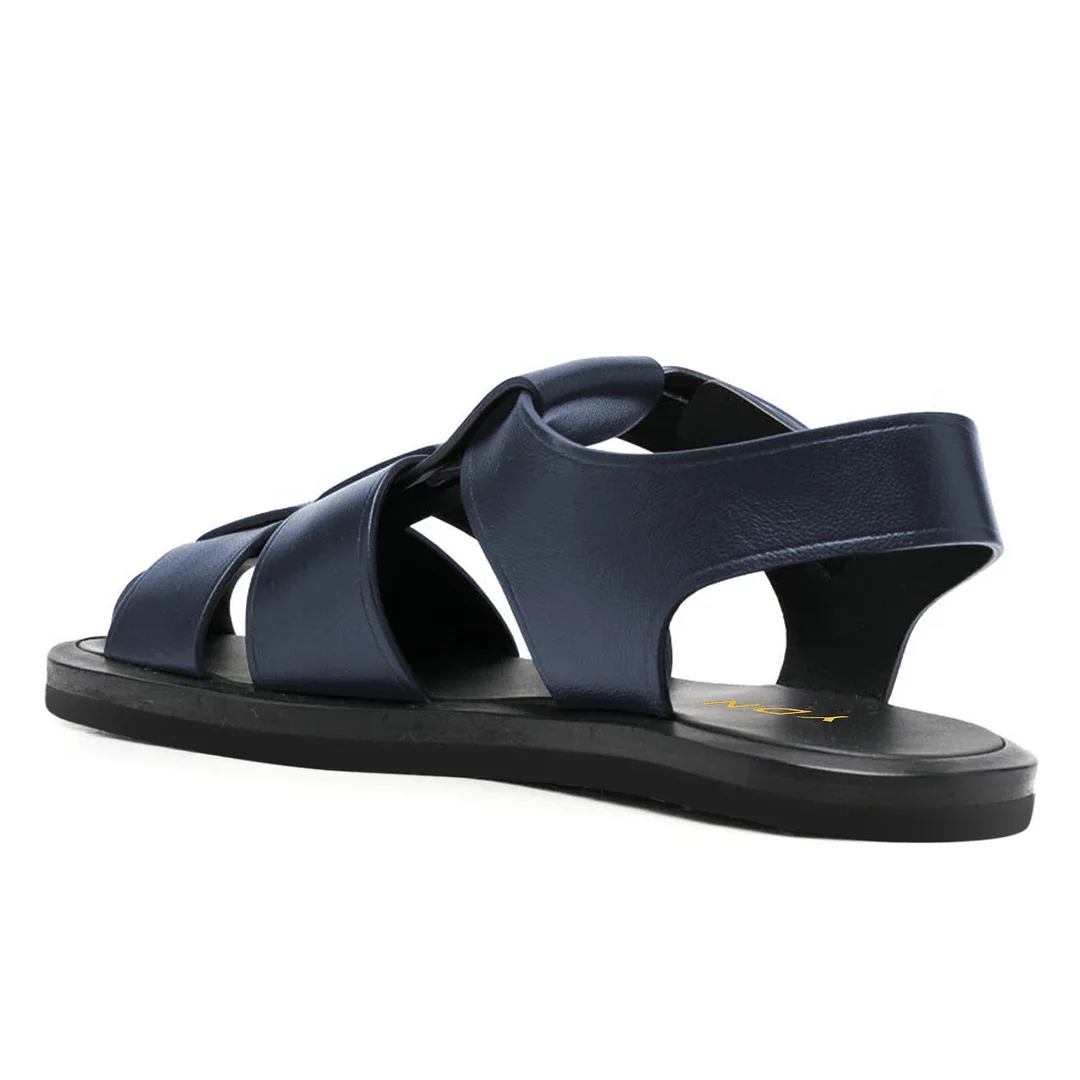 Vegan Leather Round-Toe Cage Comfy Flat Sandals in Navy