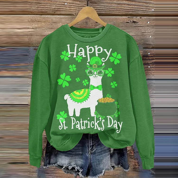 VChics St Patrick's Day Cute Alpaca Pattern Round Neck Sweatshirt