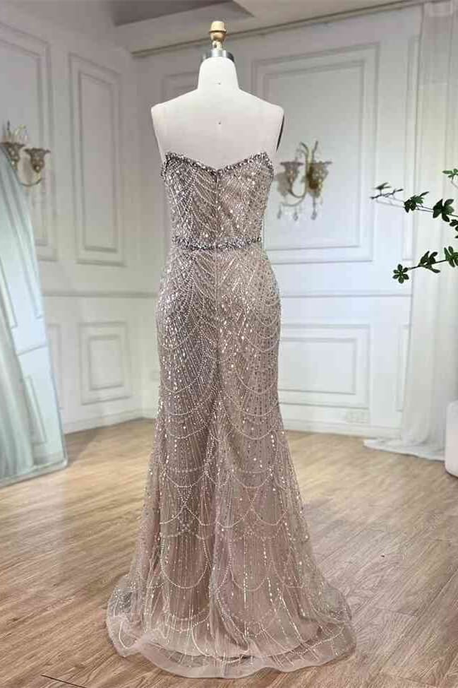 mermaid prom dress champagne Shinning Champagne Gold Deep V-neck Court Train Mermaid Prom Dresses