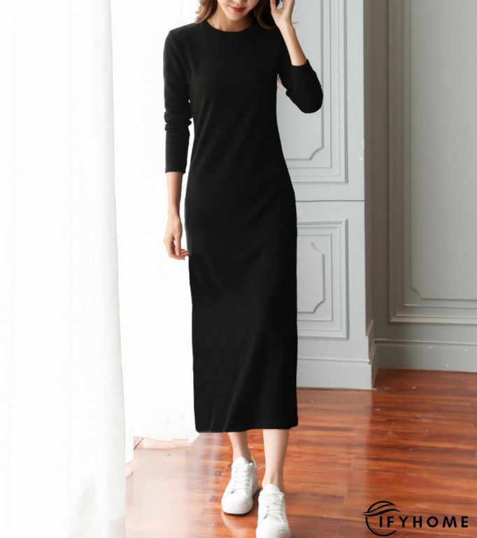 Casual Plain Crew Neck Loose Long sleeve Dress | IFYHOME