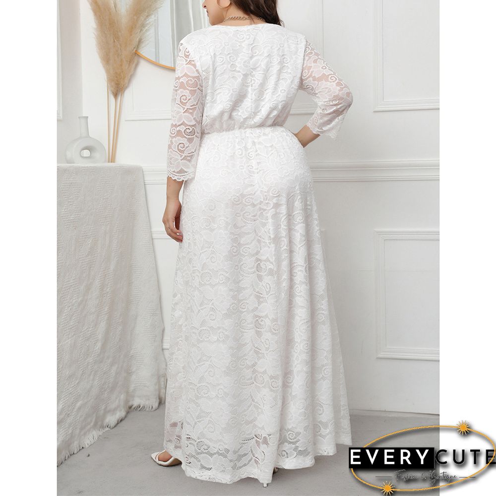 White V Neck Lace Plus Size Evening Dress