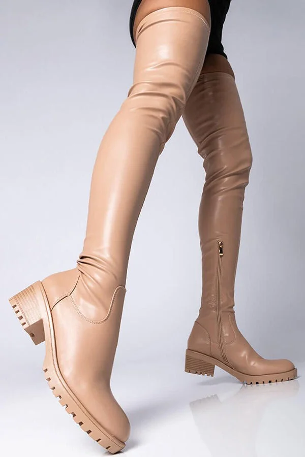 Fashionable Long Elastic Low Block Heel Boots